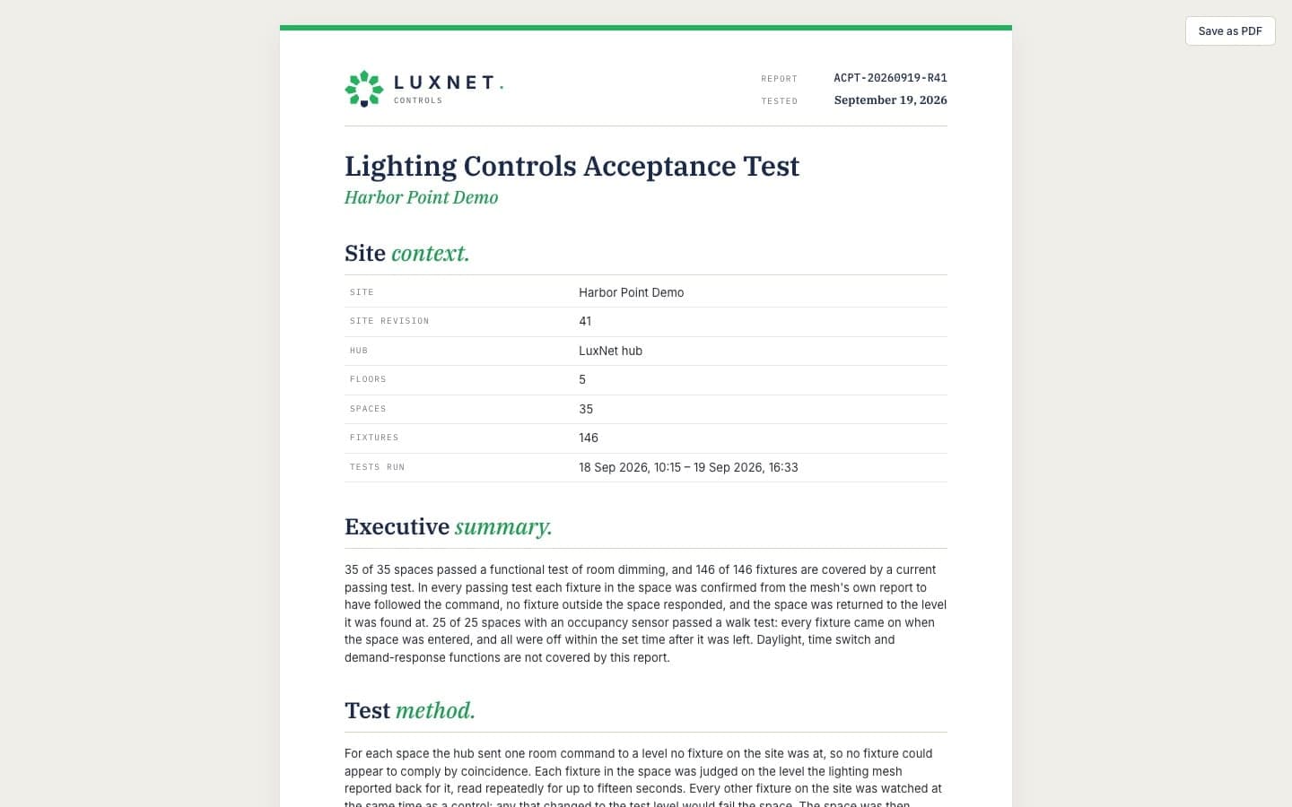 The first page of a LuxNet acceptance report for a demo site