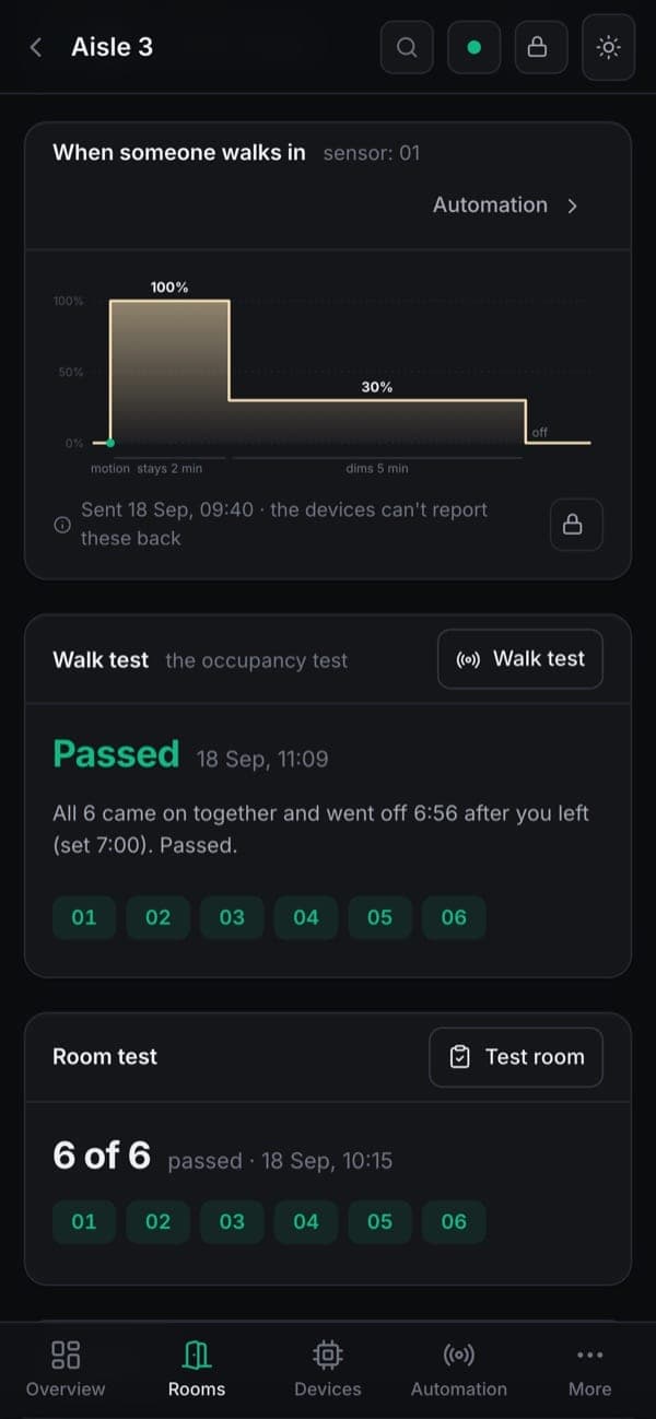 A sensor room: the lighting sequence, a passed walk test and a room test, 6 of 6