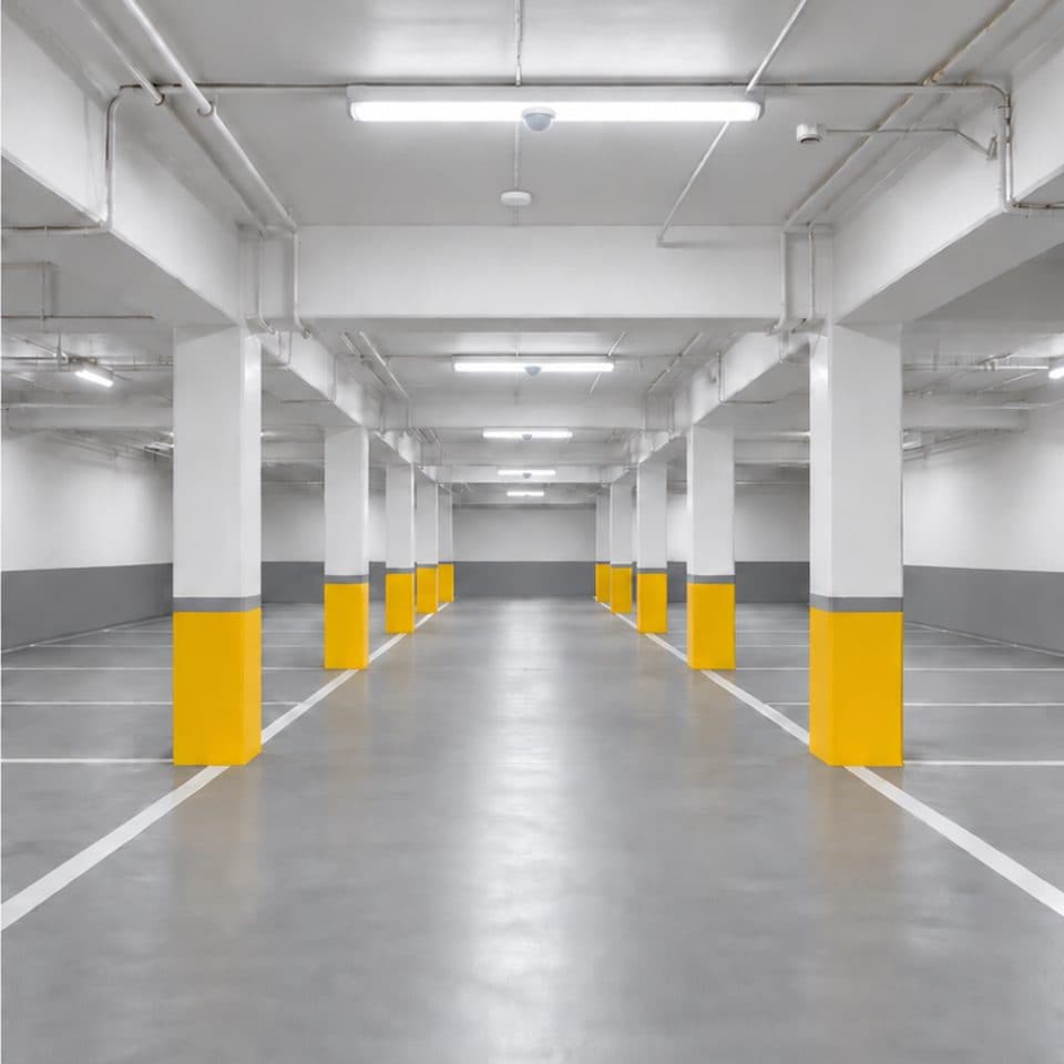 The same parking garage lit evenly by sealed LED luminaires with occupancy sensors.