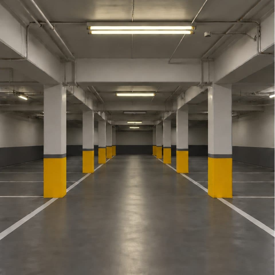 Parking garage lit by two-lamp fluorescent strip fixtures, with dark gaps between them.